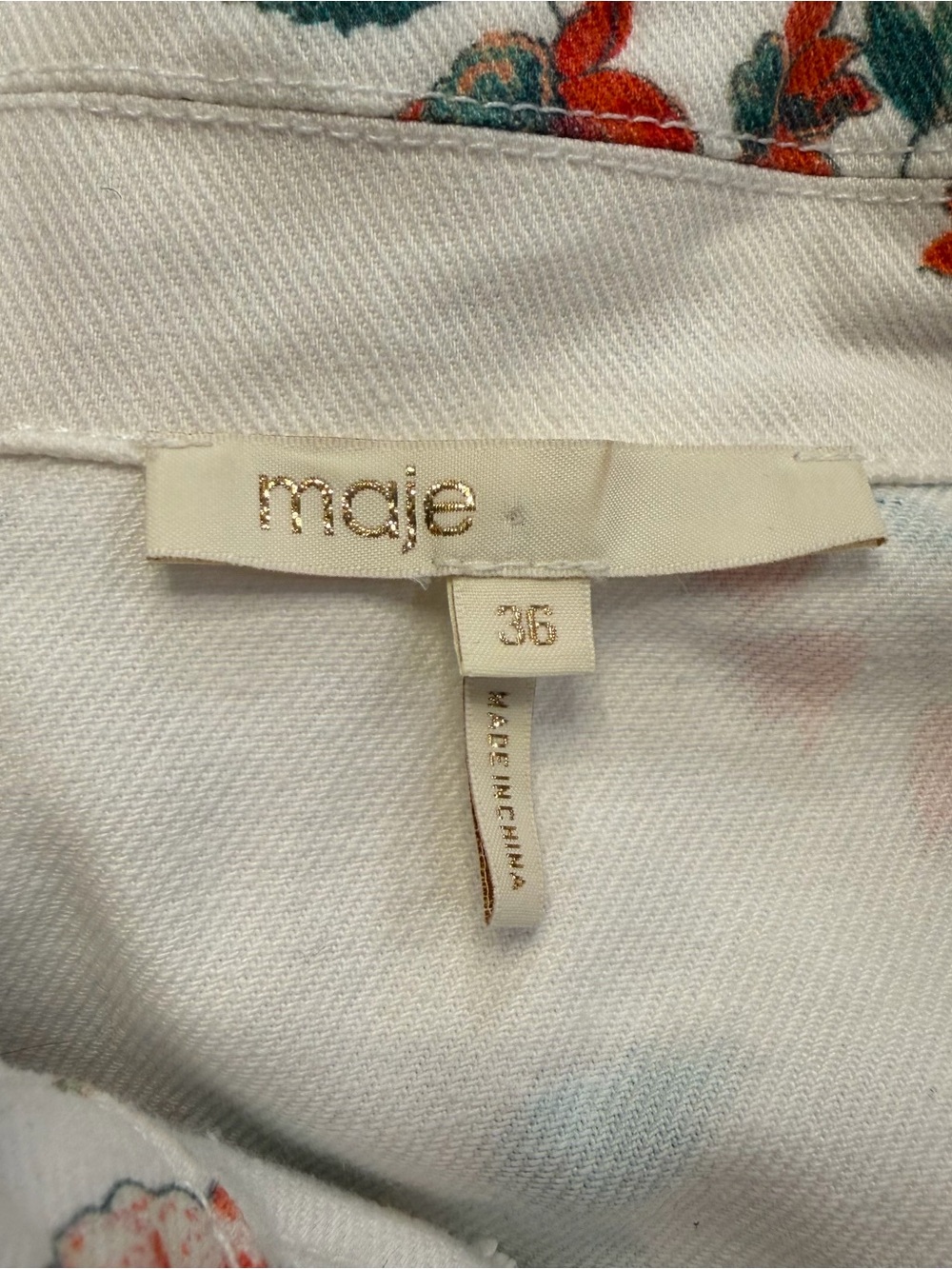 Maje Viflor Floral Denim Jacket White Red Print Stretch Cotton FR 36 Small - Picture 3 of 16